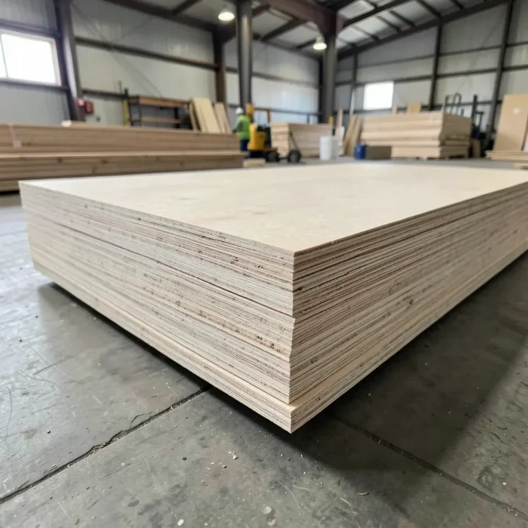 Stack of softwood structural plywood sheets in a warehouse