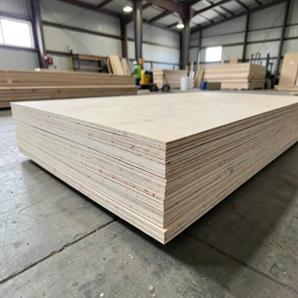 Stack of softwood structural plywood sheets in a warehouse