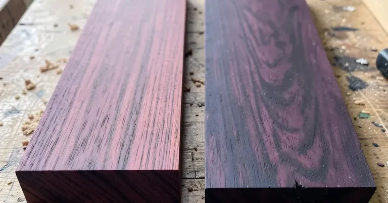 Freshly cut purple heart wood board next to an older oxidized board showing deeper purple color