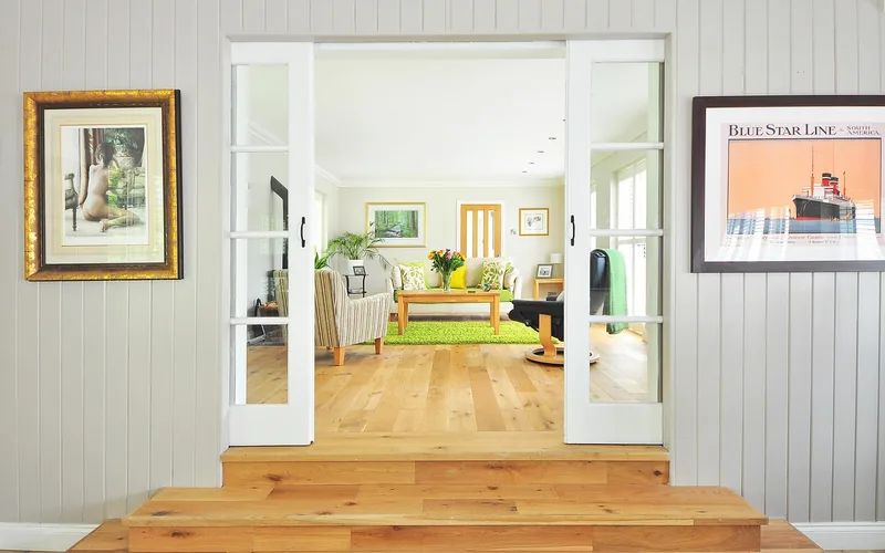 2 1/4 inch oak strip hardwood flooring installed in a bright living room