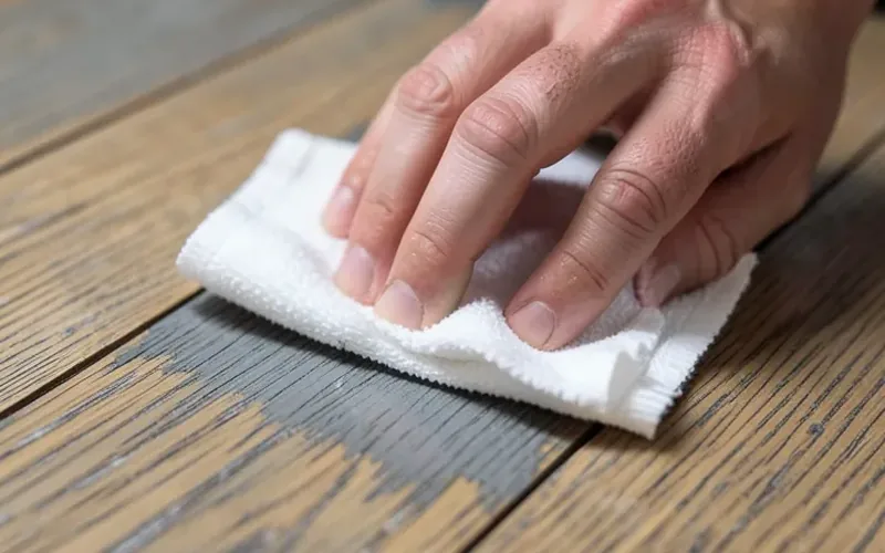 Hand wiping gray wood stain onto an oak floor plank with a cotton rag Hand wiping gray wood stain onto an oak floor plank with a cotton rag