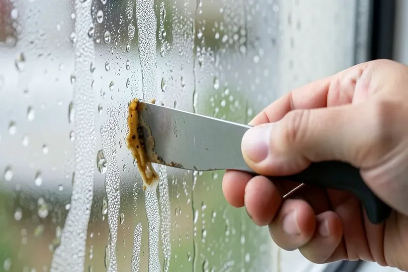 Using a razor blade at a shallow angle to scrape dried wood stain off a glass pane