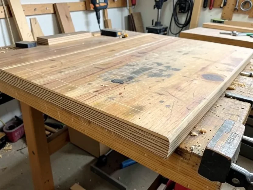 Reclaimed bowling alley wood workbench top with visible laminated maple and pine strips in a home woodworking shop