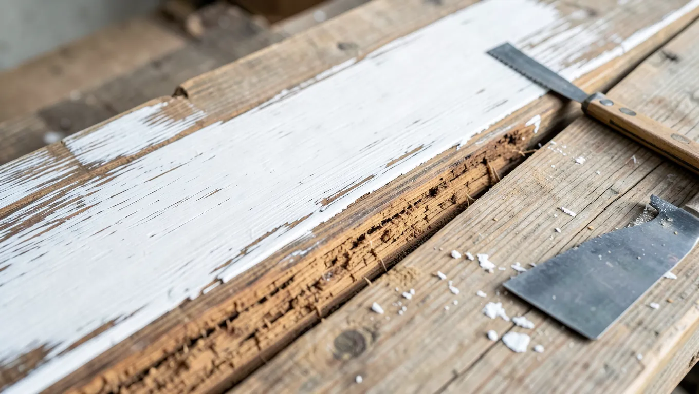 Wood plank with whitewash partially stripped away revealing raw wood grain