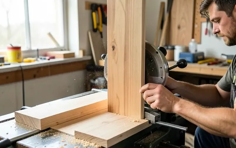 woodworker resawing a thick board on a band saw with a tall fence guide woodworker resawing a thick board on a band saw with a tall fence guide