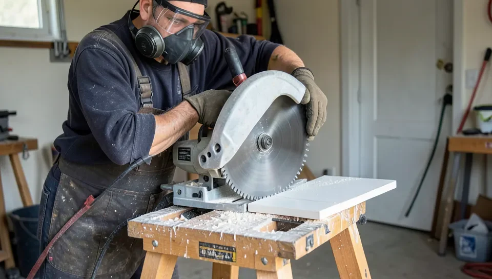 Worker wearing a respirator and safety glasses cutting tile with a circular saw