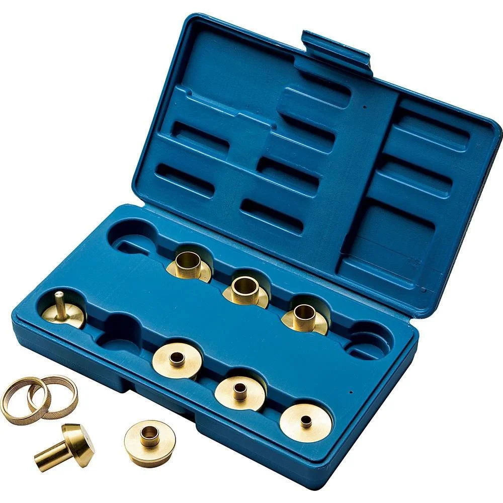 Rockler 11-piece router guide bushing kit with brass bushings and storage case