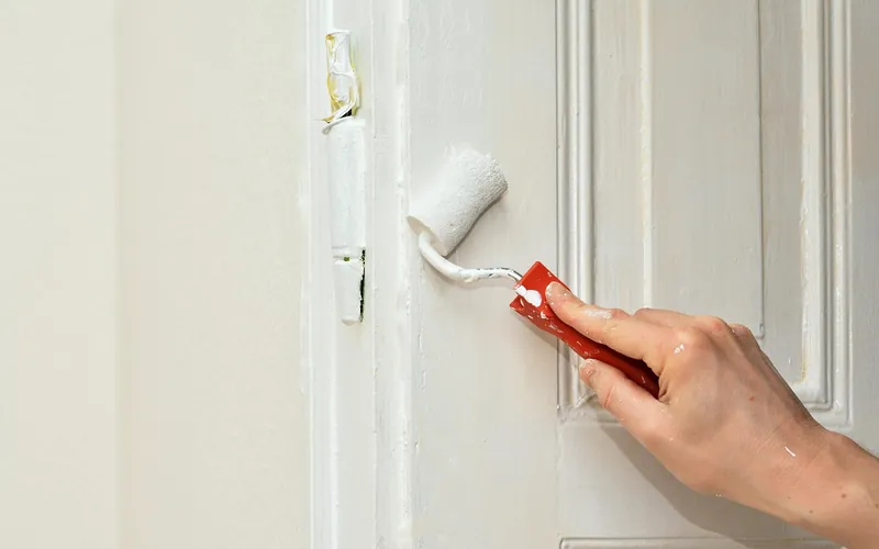 Hand rolling white paint onto a paneled interior door beside the hinge