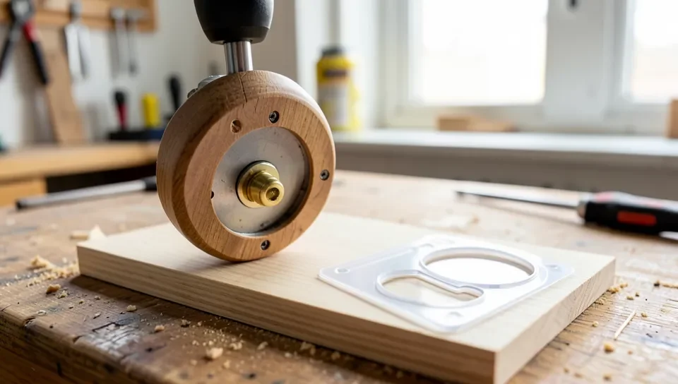 Router base plate with brass guide bushing installed next to a plastic inlay template on a workbench