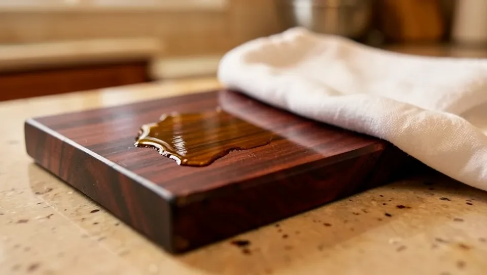 Rosewood cutting board with a fresh coat of mineral oil and a cloth beside it
