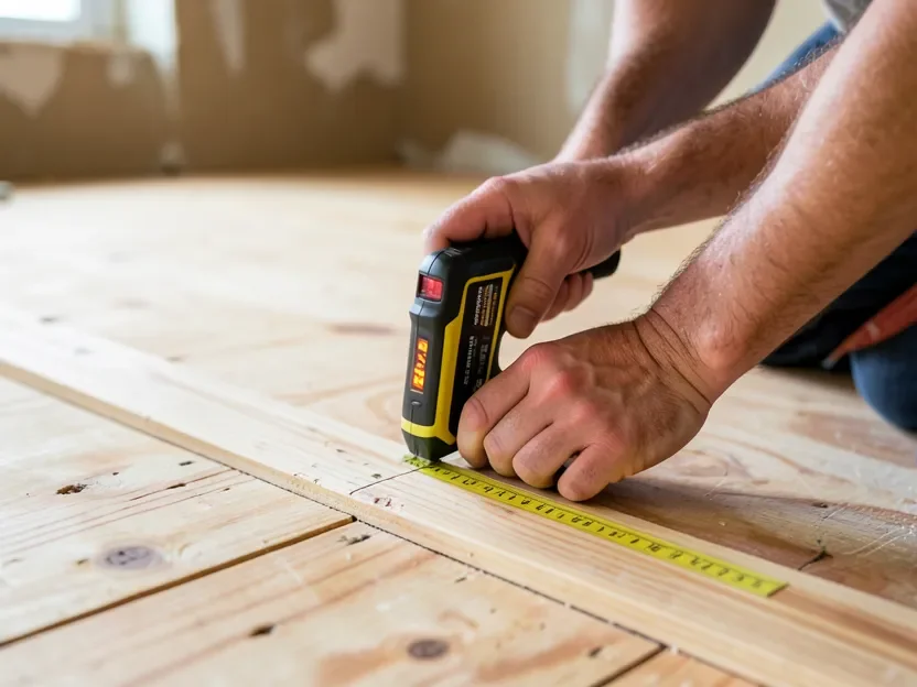 Measuring a plywood subfloor area with a laser tape measure before calculating sheets needed