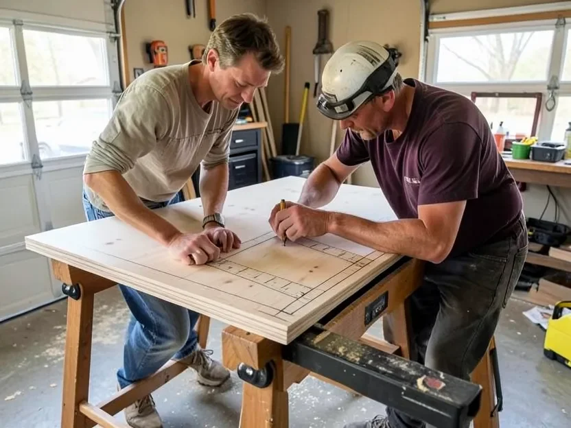 Marking cut lines on a 4x8 plywood sheet with a framing square