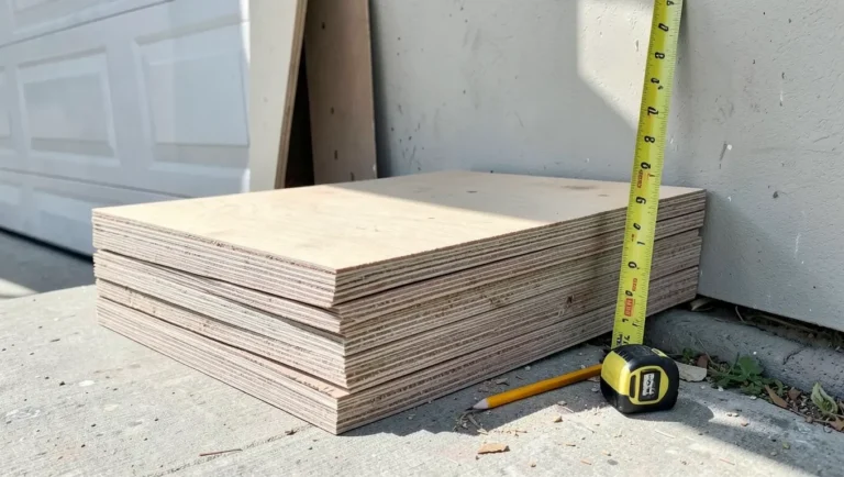 Stack of 4x8 plywood sheets ready for a home project with a tape measure nearby