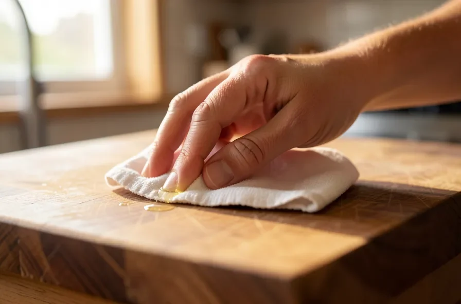 Hand rubbing food-grade mineral oil into a butcher block table surface with a cloth