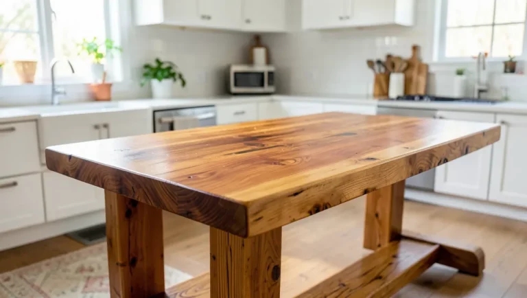 Freshly refinished solid wood butcher block table in a bright kitchen