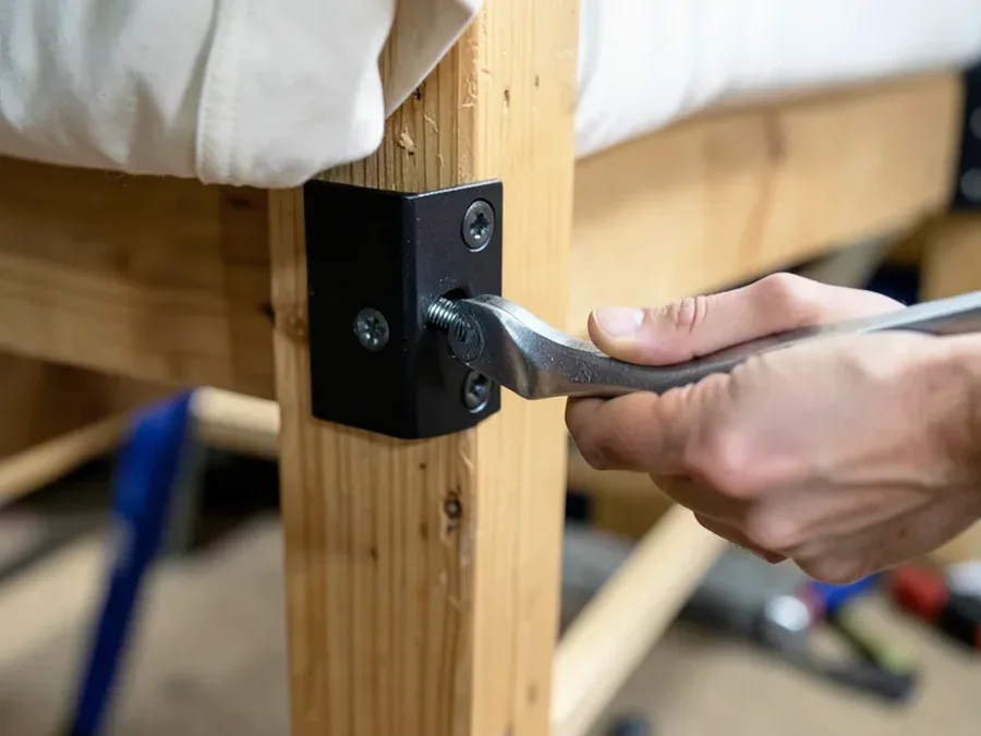 Close-up of a wrench tightening a black steel headboard mounting bracket bolted to a wood bed frame post