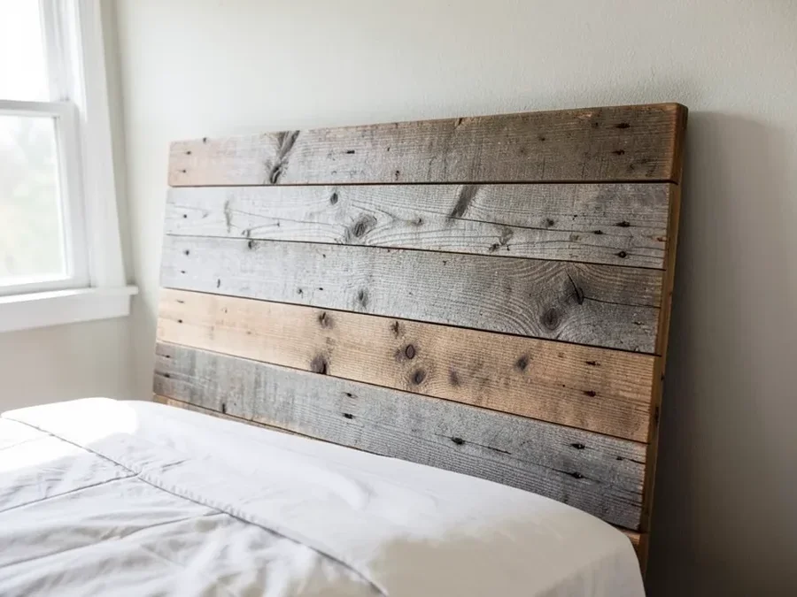 Weathered gray reclaimed pallet wood plank headboard leaning against a bedroom wall