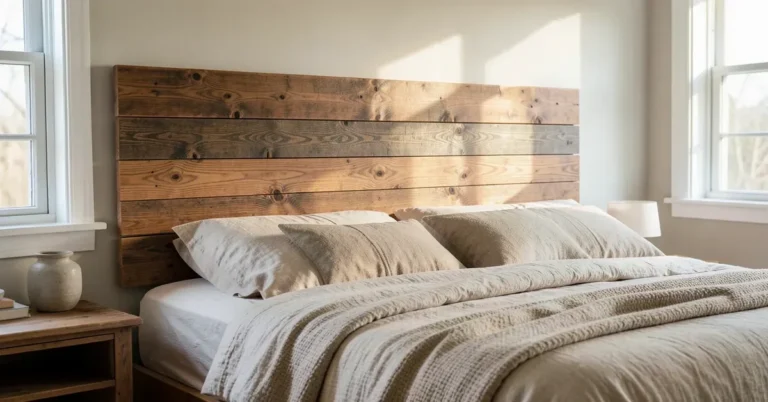 Handmade solid wood plank headboard mounted on a bed in a bright bedroom