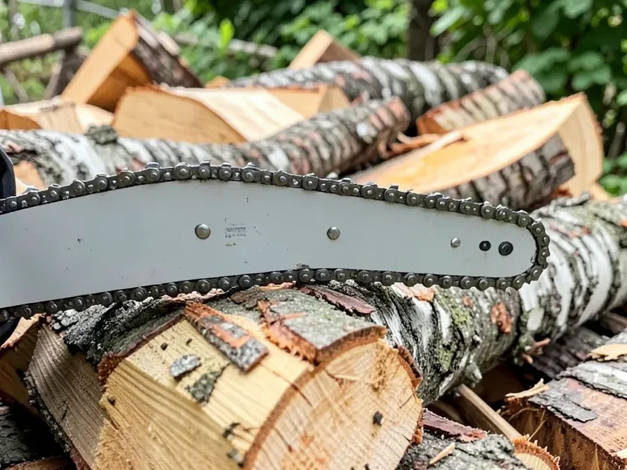 Chainsaw guide bar and chain resting on a stack of cut firewood logs
