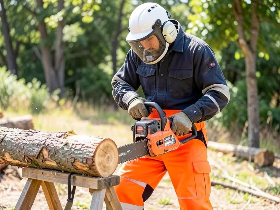 Person wearing chainsaw chaps, helmet with visor, and ear protection cutting a log on a sawhorse with both hands on the saw