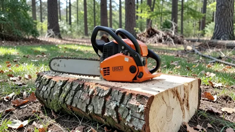 Gas-powered chainsaw resting on a freshly cut log outdoors