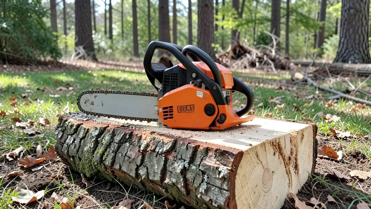 Gas-powered chainsaw resting on a freshly cut log outdoors