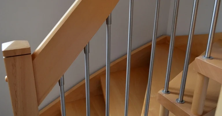 close-up of a bare wood stair handrail and newel post with metal spindles before refinishing