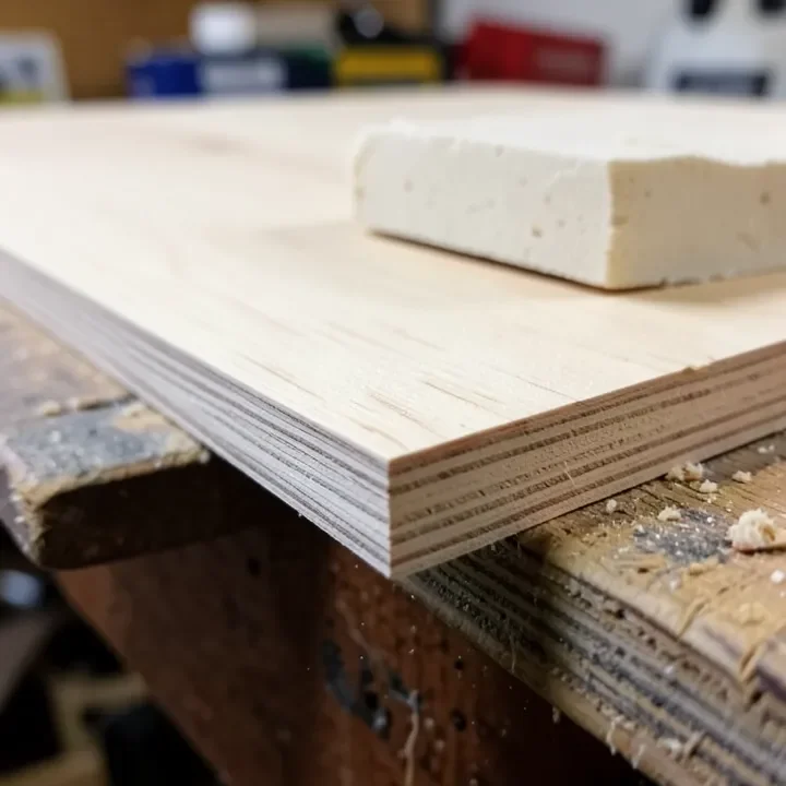 Close-up of a sanded birch plywood edge showing thin veneer layers