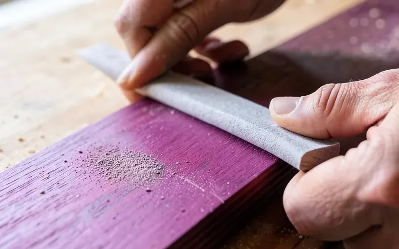 Hand-sanding a faded purple heart wood board to expose fresh purple color underneath Hand-sanding a faded purple heart wood board to expose fresh purple color underneath