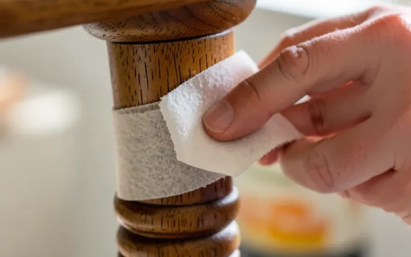 Sanding a turned round table leg using a strip of sandpaper wrapped around it Sanding a turned round table leg using a strip of sandpaper wrapped around it