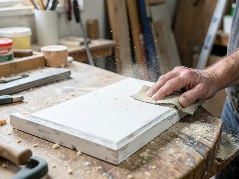 Sanding a whitewashed wood board by hand with sandpaper