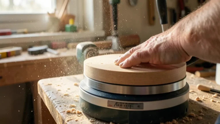 Woodworker sanding the edge of a round wooden disc on a stationary disc sander