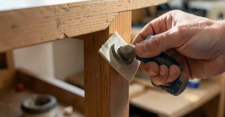 Close-up of hand-sanding a wooden table leg with a palm sander