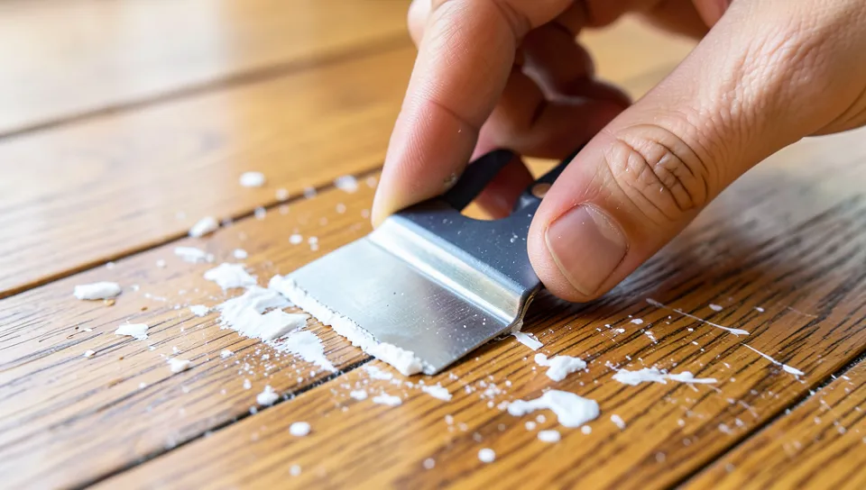 Person using a plastic scraper to remove dried paint from a hardwood floor