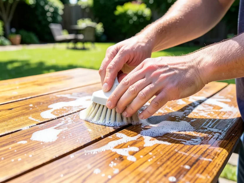 Scrubbing a mildew-stained teak table along the grain with a soft-bristle brush and cleaning solution