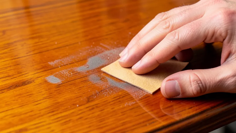 Hand scuff-sanding a shellac-finished wood surface with fine sandpaper before staining