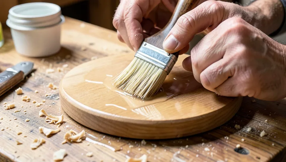 Applying marine spar varnish to a wooden toilet seat blank with a brush