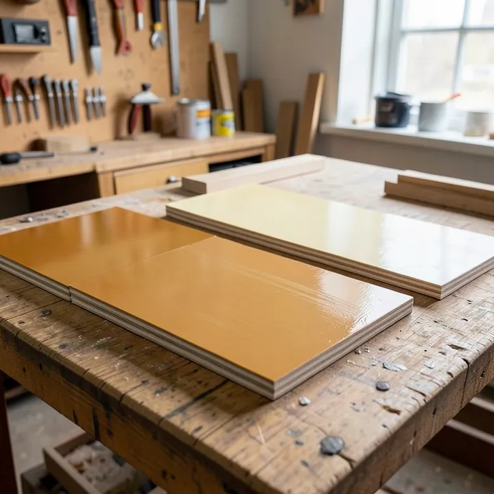 Shellac and polyurethane finish samples on wood boards with warm and clear finishes