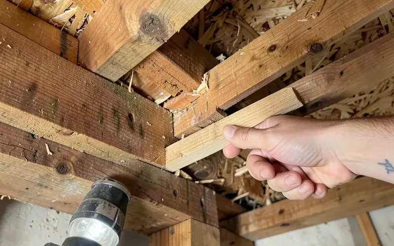 tapping a wood shim into the gap between the subfloor and a floor joist from below tapping a wood shim into the gap between the subfloor and a floor joist from below