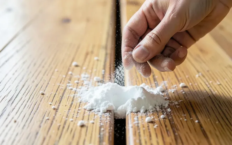 sprinkling talcum powder into a narrow gap between two hardwood floorboards sprinkling talcum powder into a narrow gap between two hardwood floorboards