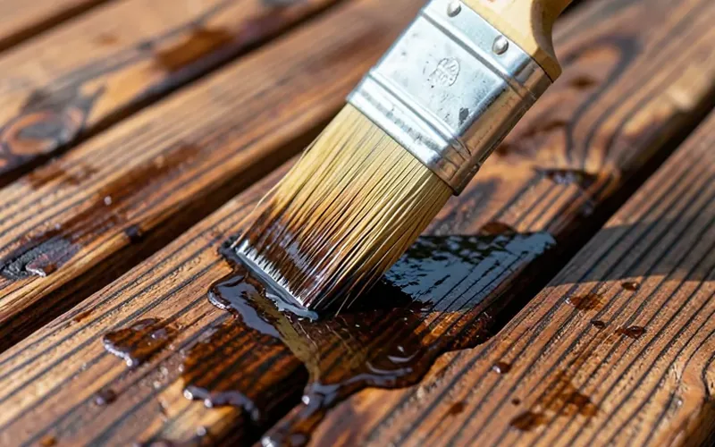 Paintbrush applying oil-based stain that penetrates into wood grain on a deck board