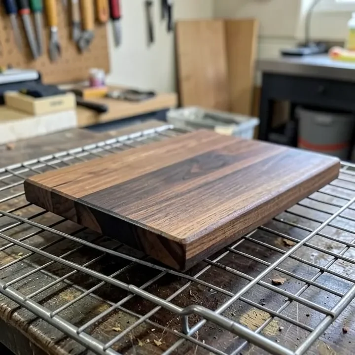 Dark-stained wooden charcuterie board resting on a wire rack to cure