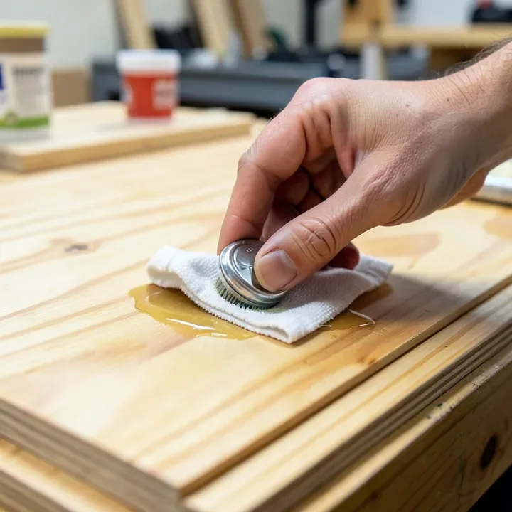 hand applying gel stain with a cloth to a plywood floor panel