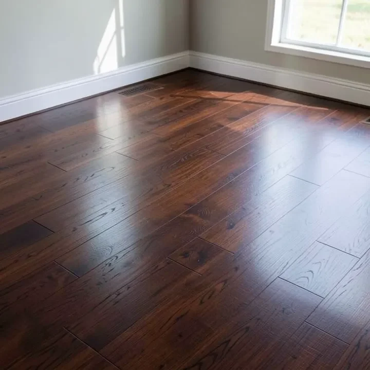 finished dark stained plywood floor with even wood tone in a room