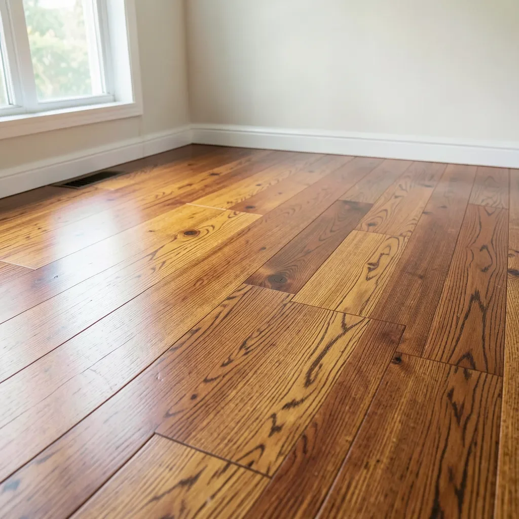 freshly stained plywood floor with rich brown wood tone in a bright room
