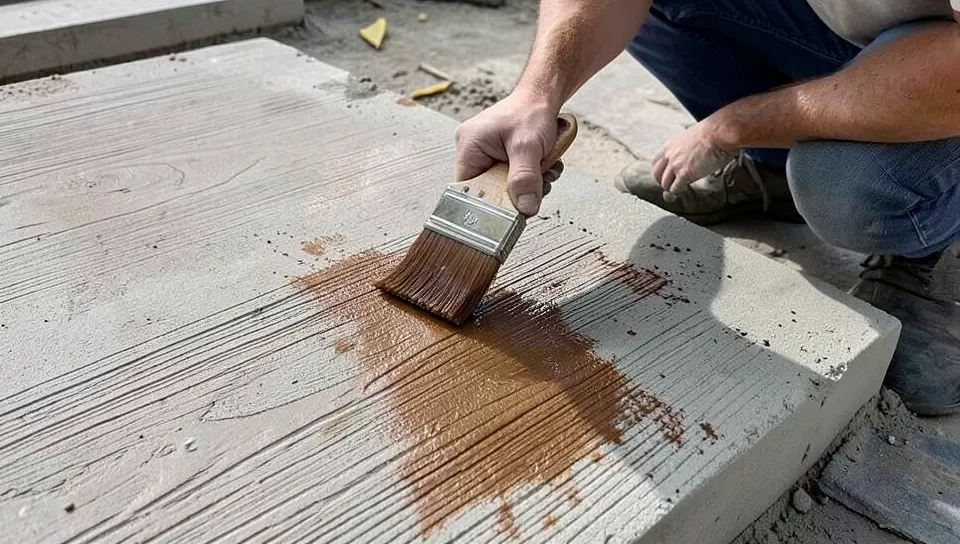 Worker applying brown stain to a concrete slab textured with a wood-grain pattern