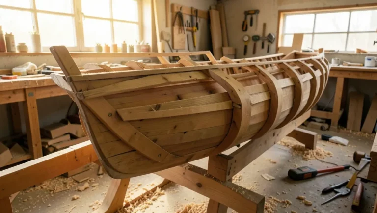 Wooden boat hull under construction with steam-bent ribs clamped in a workshop