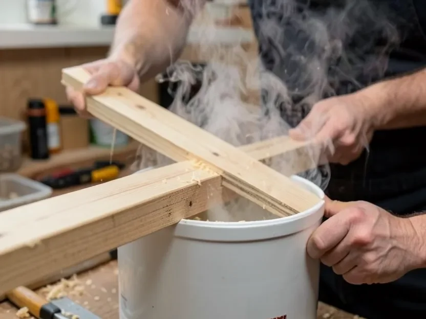 Woodworker pulling a steamed wood plank from a steam box, ready to bend