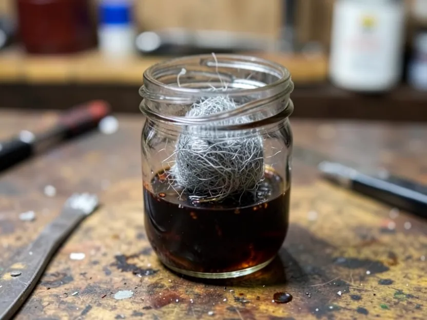Steel wool soaking in white vinegar in a glass jar to make an iron acetate solution