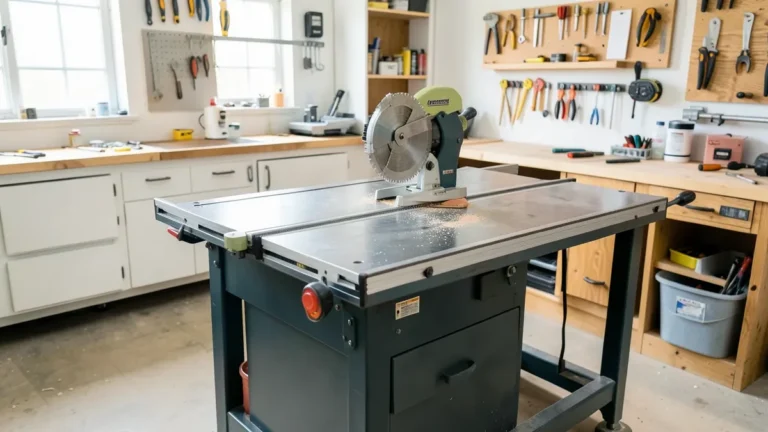A table saw with rip fence and miter gauge in a home workshop